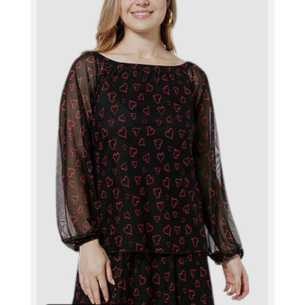 Antthony Women's Off-the-Shoulder Tulle Mesh Knit Top Black Hearts 2X New W Tags